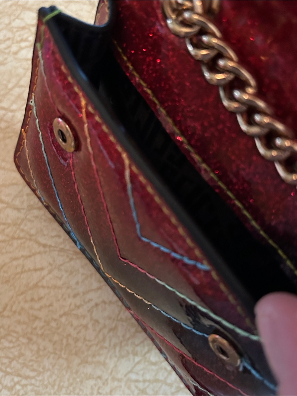 Kurt Geiger Glitter Quilted Mini Crossbody in Burgundy with Multicolor Stitching - Picture 3 of 4